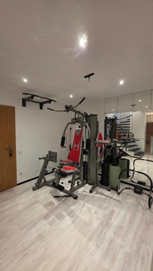 Fitnessraum mit Kraftstation und Spiegelwand