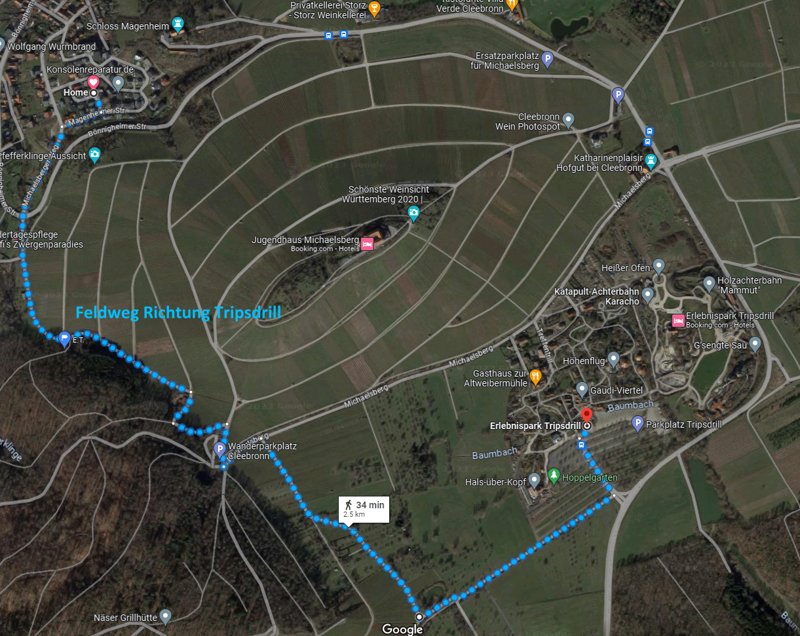 Karte des Fußwegs von der Villa zum Erlebnispark Tripsdrill, 2,5 km, 34 Minuten